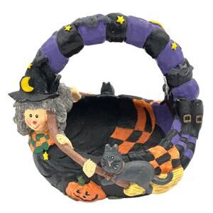 Halloween Candy Basket 3D Witch Cat Pumpkin Purple Black 7 Inch Resin Decor